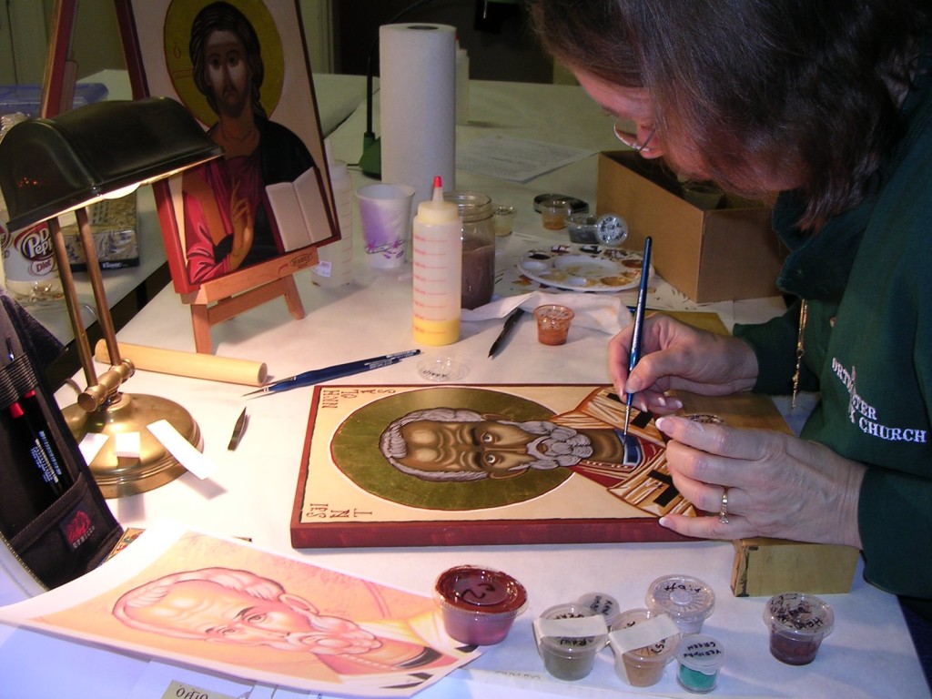 Sharon Meadows working on her icon of Saint Nicholas at an icon workshop at St. John