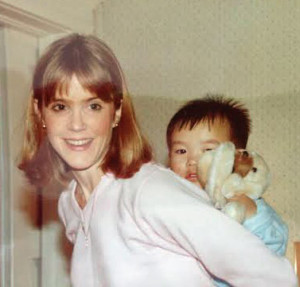 Jason on my back, the day after he arrived from Korea in January, 1985. He was 2 years and 9 months old.