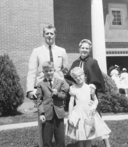 1958, Trinity Presbyterian Church, Jackson, Mississippi, with my brother, age 8 and me, age 7 and my parents