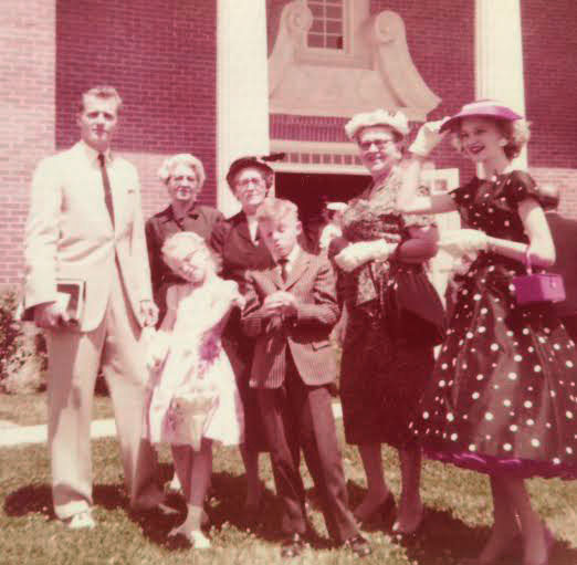 1958, Trinity Presbyterian Church, Jackson, Mississippi (with my father, two grandmothers, a great aunt, and my Aunt Barbara Jo, in the "Pretty Woman" outfit!