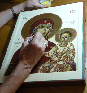 Putting the fInishing touches on icon of the Mother of God, Directress, for St. John Orthodox Church in Memphis