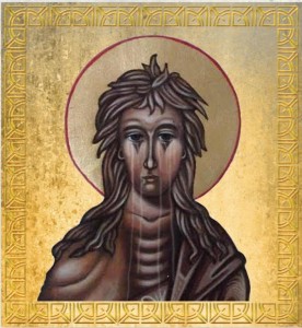 "Weeping" icon of Saint Mary of Egypt. Original icon was written by me. My daughter-in-law See Cushman used Photo Shop to add the tears, and my publisher's graphic designer added the gold frame.