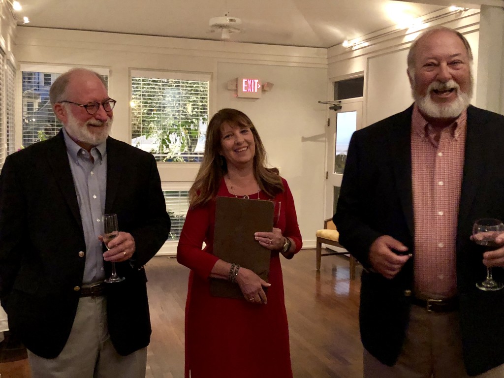 My husband Bill, with his sister Cathy and his brother Tod, who are toasting him at his 70th birthday party.